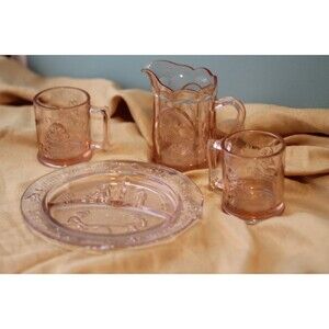 Tiara Nursery Rhyme Pink Set o\f Divided Plate, 2 Mugs, Pitcher